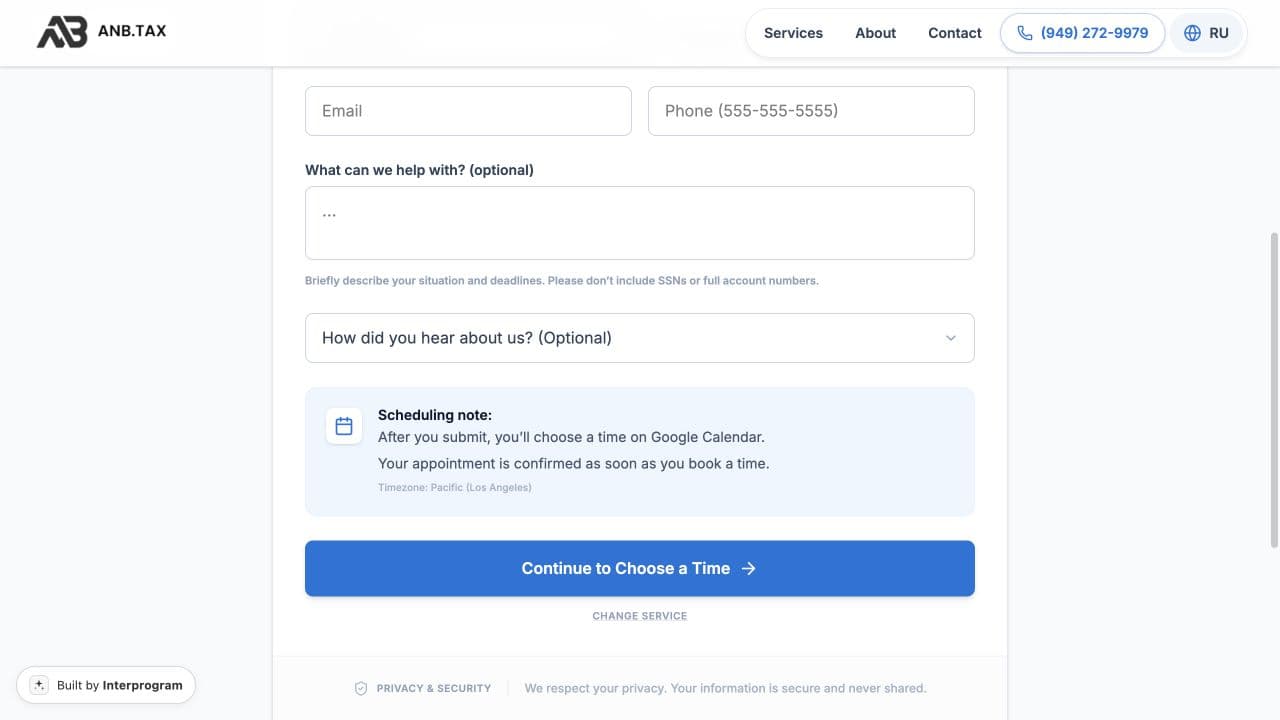 ANB.TAX booking page showing details form and Google Calendar handoff