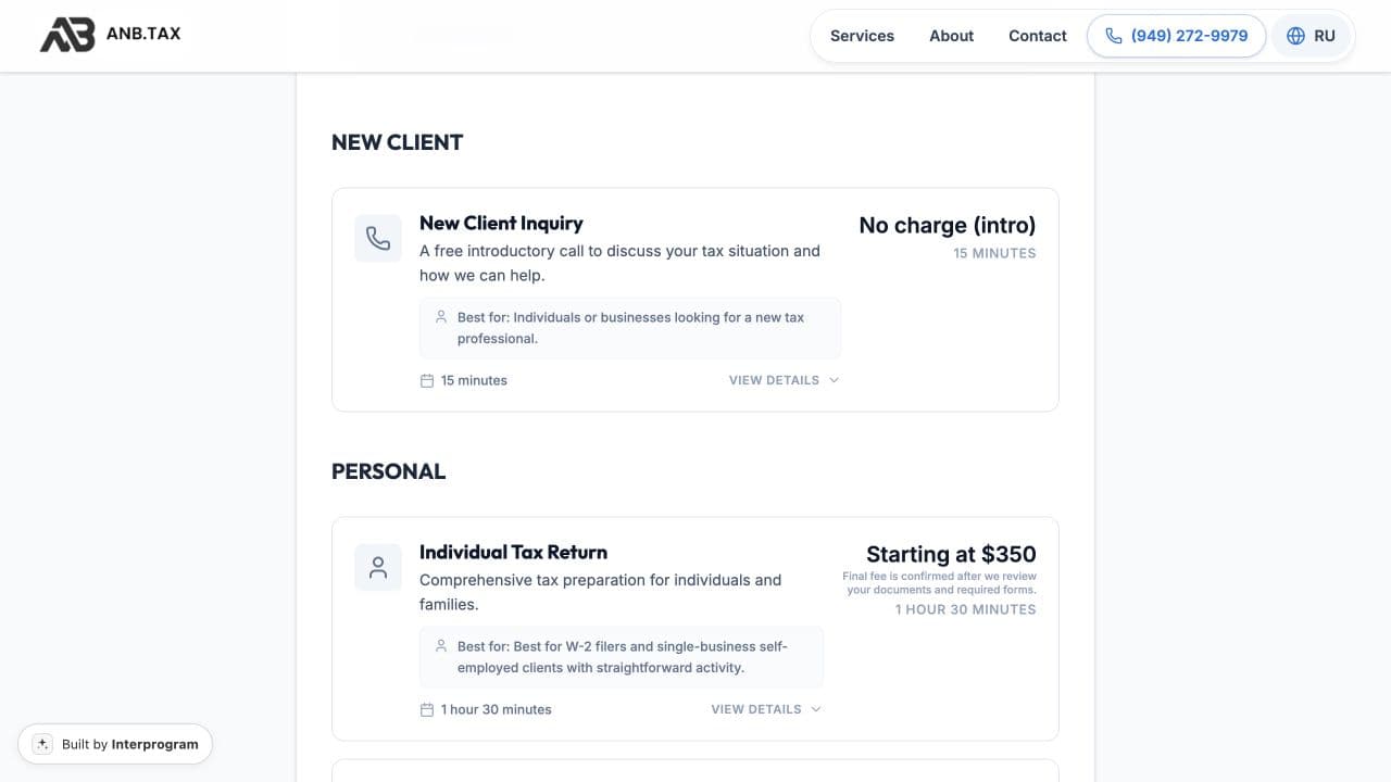 ANB.TAX booking page showing grouped service selection cards