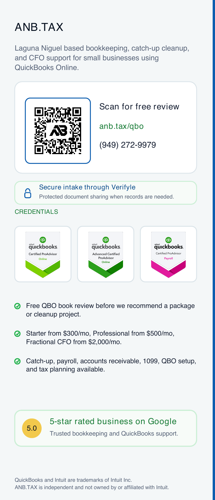 Back panel of ANB.TAX QuickBooks Online brochure